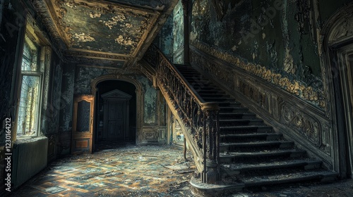 Decaying Grandeur: A Glimpse into a Forgotten Mansion's Ruined Staircase photo