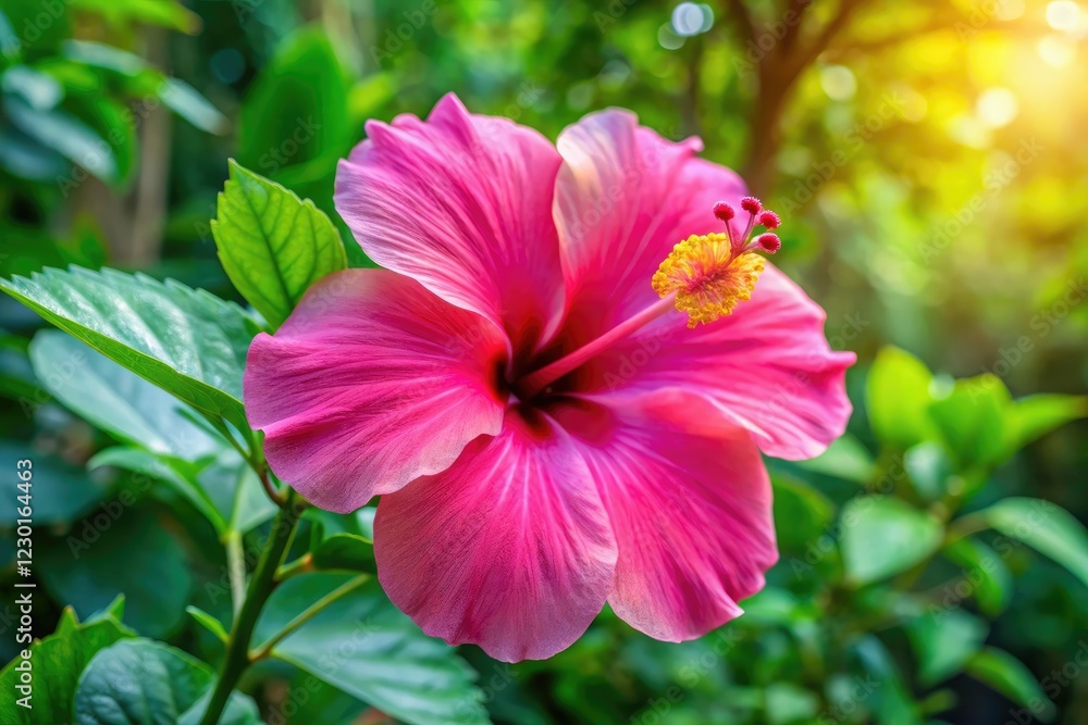 Large hibiscus flower with bright pink petals and green stem in a tropical garden, green stems, outdoor decor, blooming flowers Large hibiscus flower with bright pink petals and green stem in a tropical garden, green stems, outdoor decor, blooming flowers