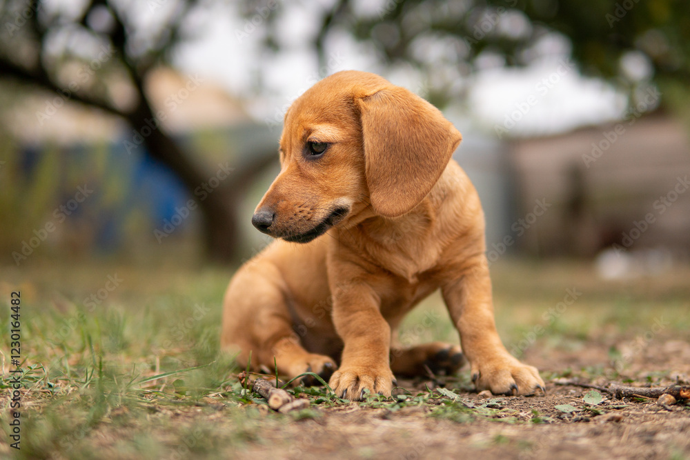 Portrait of a cute dachshund puppy sitting on the grass Portrait of a cute dachshund puppy sitting on the grass
