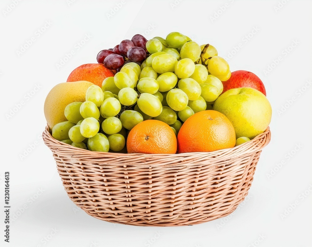 Fresh and Colorful Fruit Basket with Grapes, Apples, Oranges, and Pears on White Background Fresh and Colorful Fruit Basket with Grapes, Apples, Oranges, and Pears on White Background