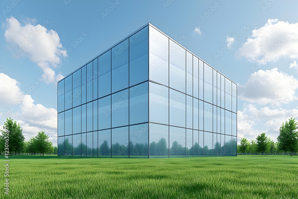 Modern glass building, park setting, sunny day, architectural design Modern glass building, park setting, sunny day, architectural design