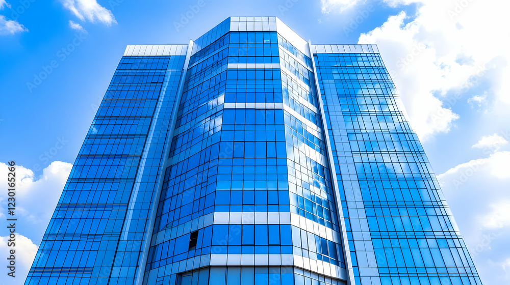 Modern glass building, blue sky, clouds, city Modern glass building, blue sky, clouds, city