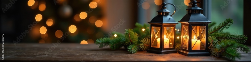 Lanterns filled with candles and evergreen branches on a wooden table, festive lighting, evergreen lanterns, peaceful evening Lanterns filled with candles and evergreen branches on a wooden table, festive lighting, evergreen lanterns, peaceful evening