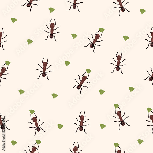  Seamless vector pattern with brown leaf-cutter ants carrying green leaves on a beige background