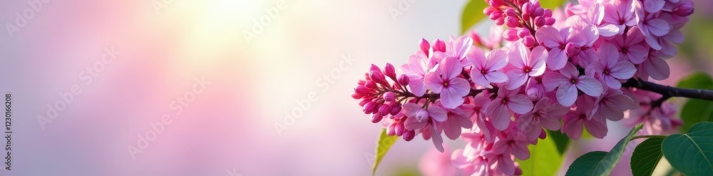 Lilac tree against a soft pastel sky with sunlight filtering through leaves, garden, soft Lilac tree against a soft pastel sky with sunlight filtering through leaves, garden, soft