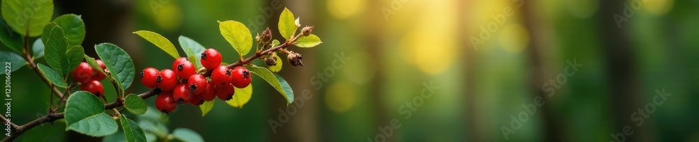 Lingonberry cowberry tree branch with berries, green leaves, forest landscape, autumn Lingonberry cowberry tree branch with berries, green leaves, forest landscape, autumn