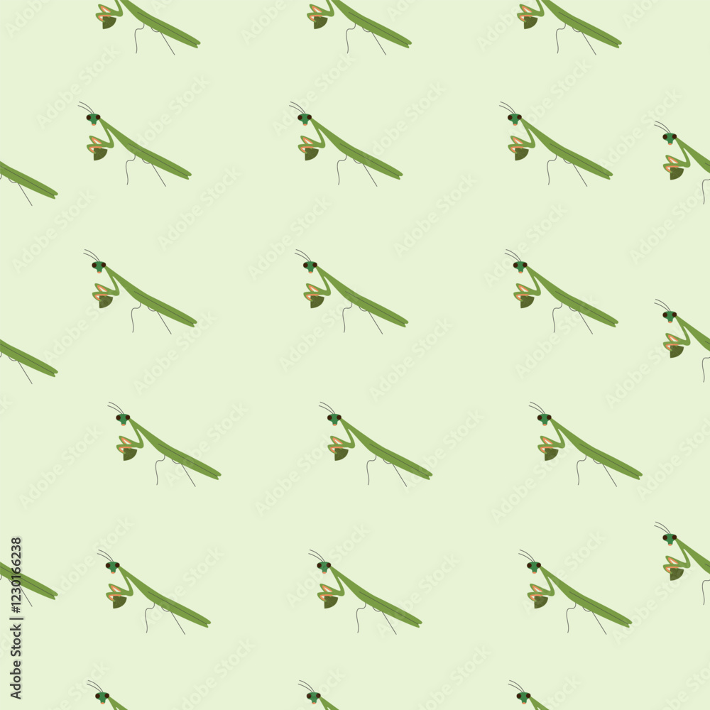 Fototapeta premium Pattern of green praying mantises on a pale green background, offering a calm and natural aesthetic