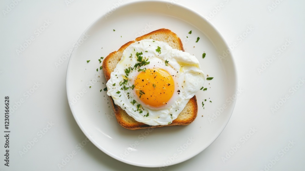A minimalist serving of poached eggs on plain white toast, neatly placed on a simple white ceramic plate, Poached eggs centered A minimalist serving of poached eggs on plain white toast, neatly placed on a simple white ceramic plate, Poached eggs centered