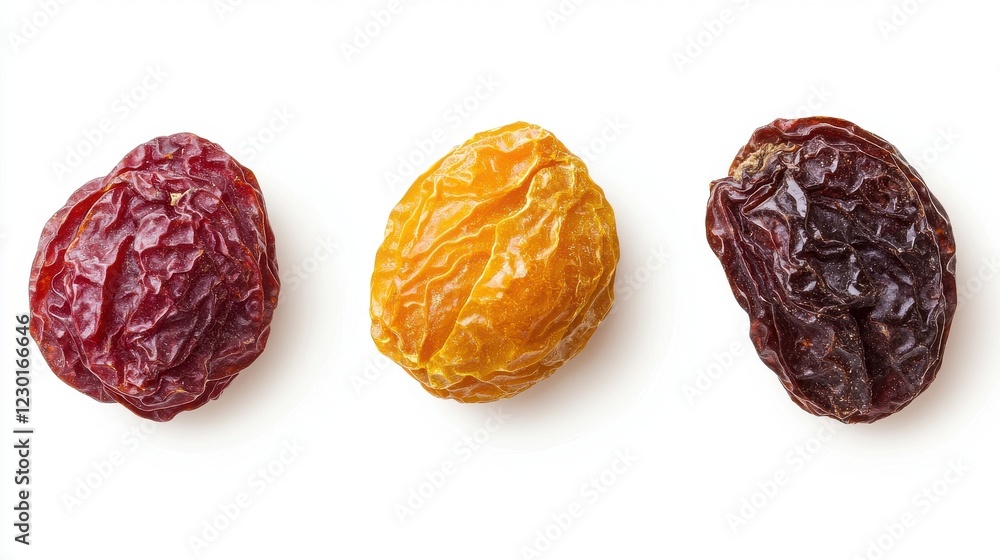 Colorful Variety of Dried Grapes Displayed on White Background for Healthy Snack Ideas Colorful Variety of Dried Grapes Displayed on White Background for Healthy Snack Ideas