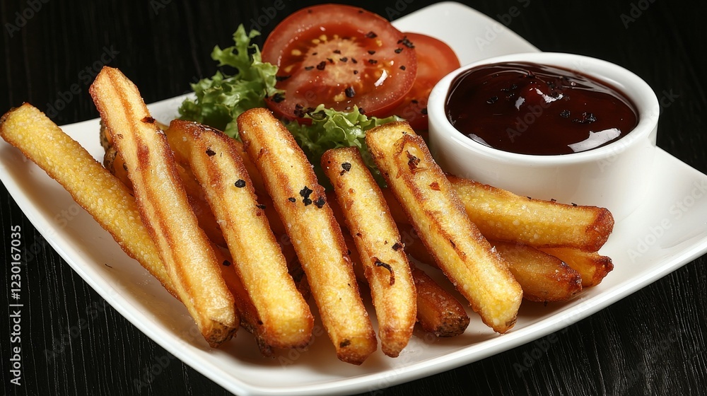 Famous Food of Brazil concept. Delicious golden fries with dipping sauce Famous Food of Brazil concept. Delicious golden fries with dipping sauce