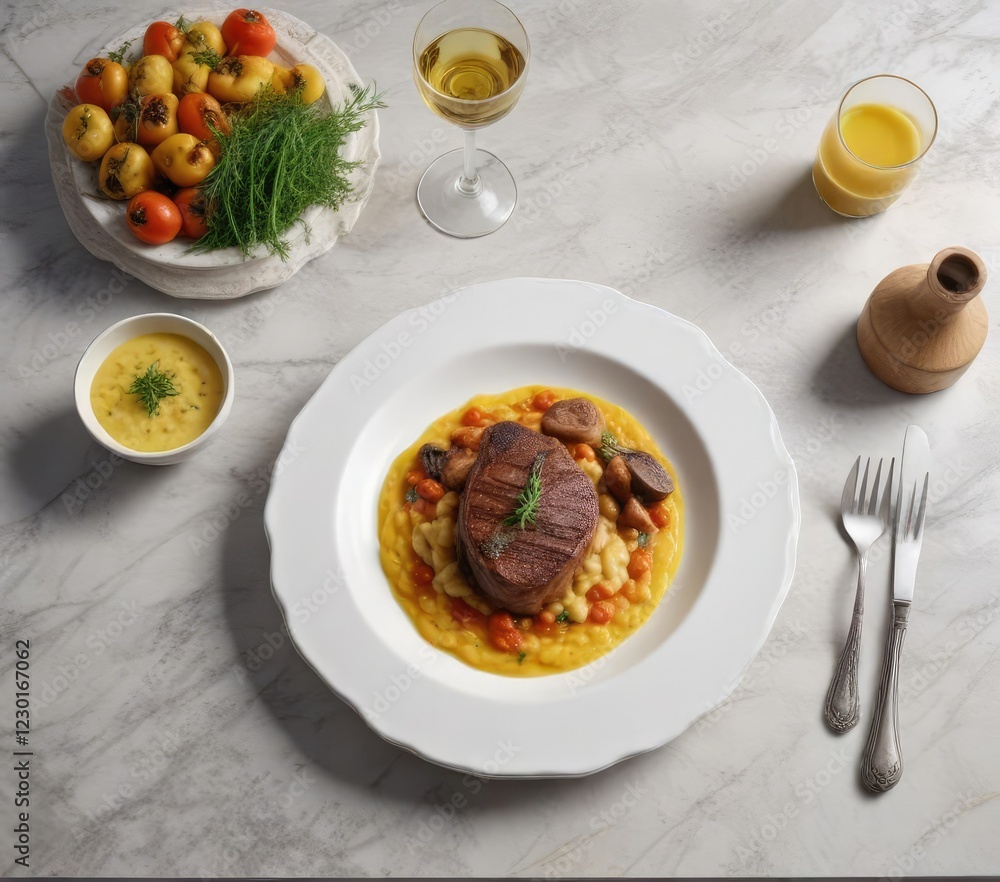 Plate with osso buco and saffron risotto on a marble table , tomato sauce, elegant marble table Plate with osso buco and saffron risotto on a marble table , tomato sauce, elegant marble table