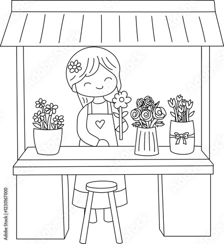 a florist cute girl selling flowers in a shop outline art vector illustration