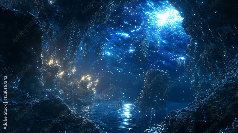 Obraz premium A tranquil underwater scene showcasing the deep ocean abyss with shimmering blue light dancing on the waterâ€™s surface