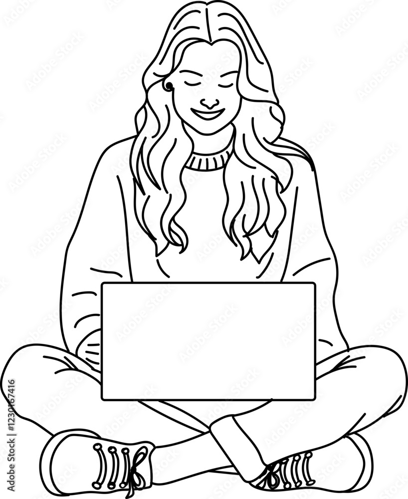 Modern women using her laptop while sitting vector illustration Modern women using her laptop while sitting vector illustration