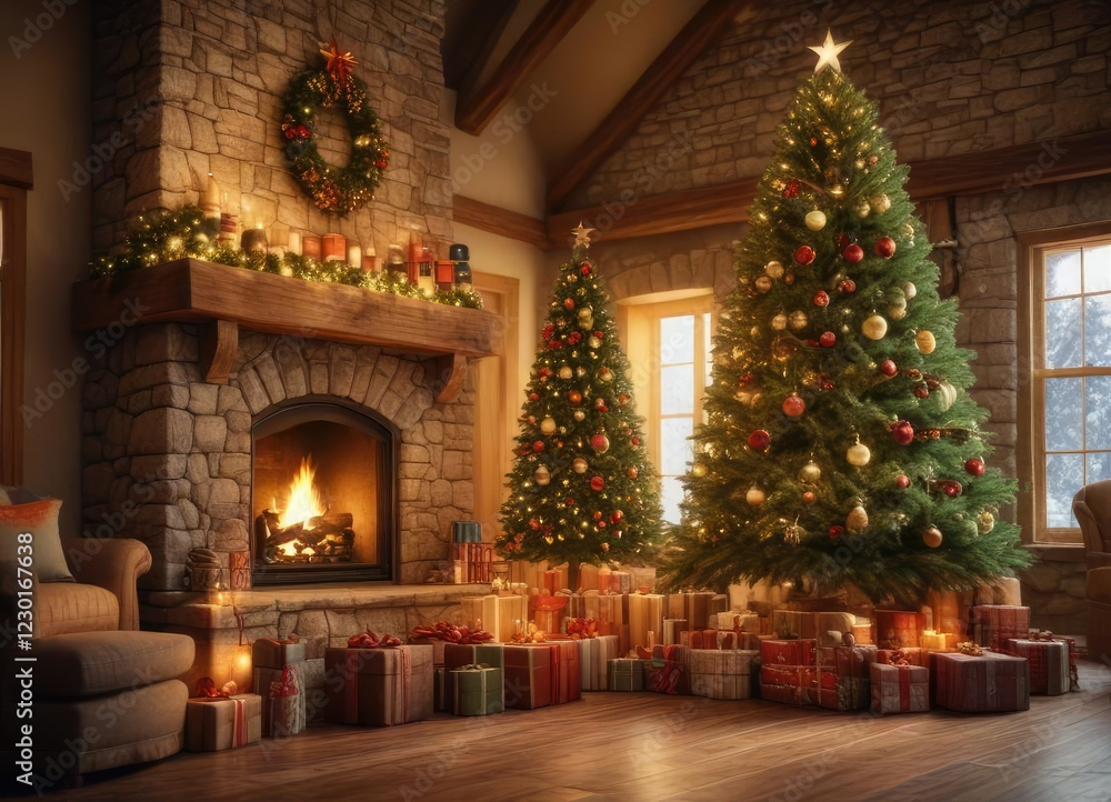 custom made wallpaper toronto digitalPresents stacked high around a beautifully decorated Christmas tree in front of a large stone fireplace with a warm glow , festive atmosphere, stacked presents