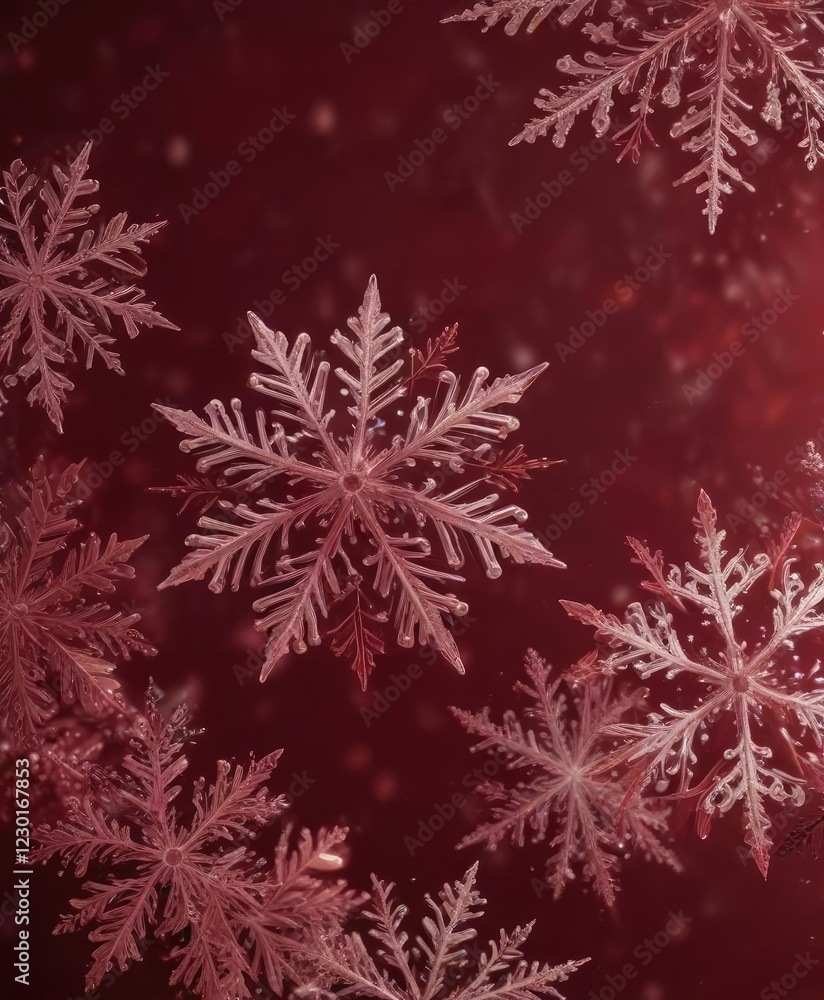 Maroon background with intricate snowflakes and a sense of movement and blur, snowflakes, wintery scene, maroon color Maroon background with intricate snowflakes and a sense of movement and blur, snowflakes, wintery scene, maroon color