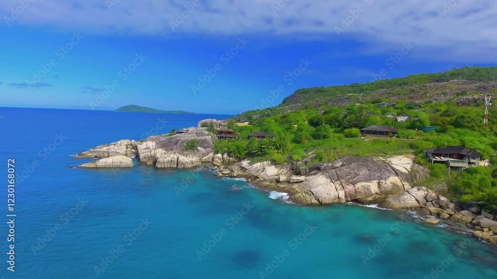 La Digue, Seychelles. Aerial view of amazing tropical beach on a sunny day La Digue, Seychelles. Aerial view of amazing tropical beach on a sunny day