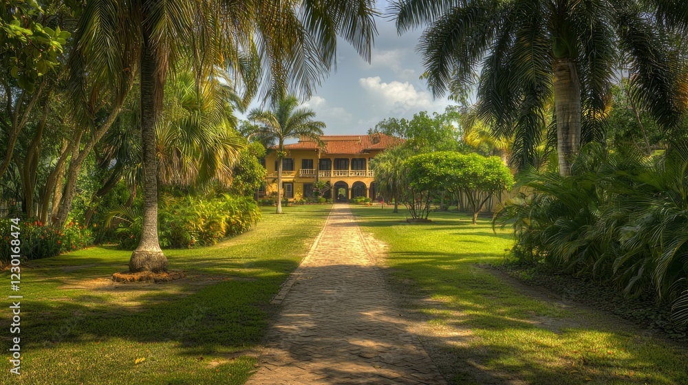 Obraz premium Tropical Estate: A Picturesque Pathway to a Luxurious Mansion