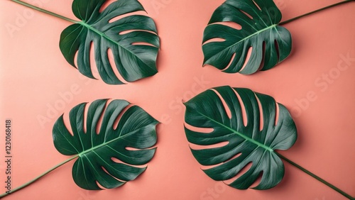 Minimalist composition of dark green Monstera leaves on a simple coral pink background, , simplicity, coralbackground photo