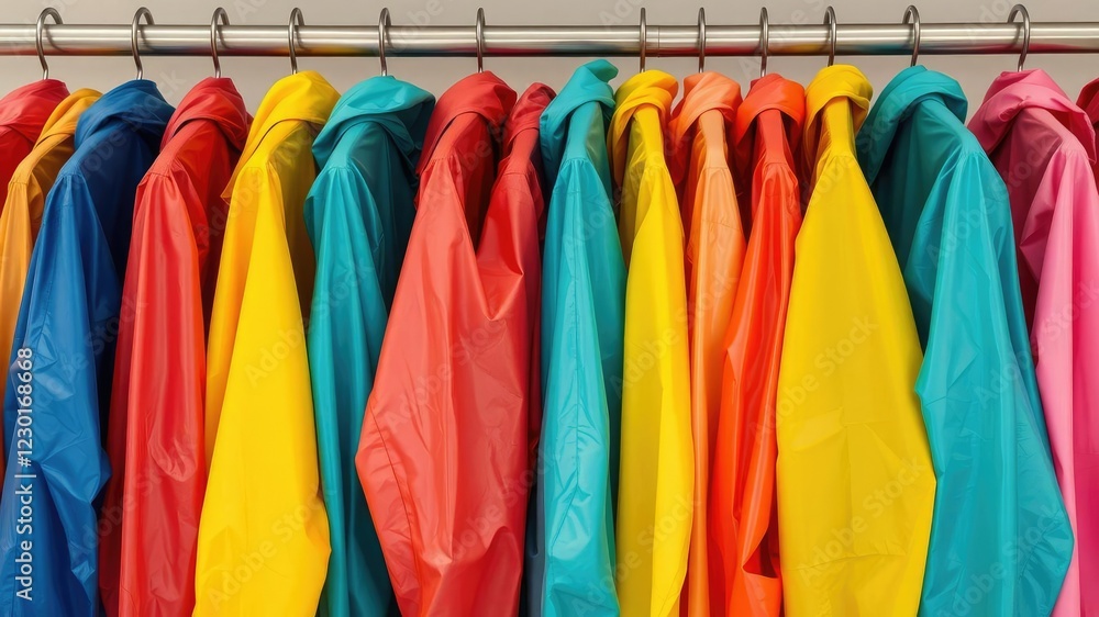 Raincoats in various shades of bright colors hanging on a rack, outdoor equipment, vibrant Raincoats in various shades of bright colors hanging on a rack, outdoor equipment, vibrant