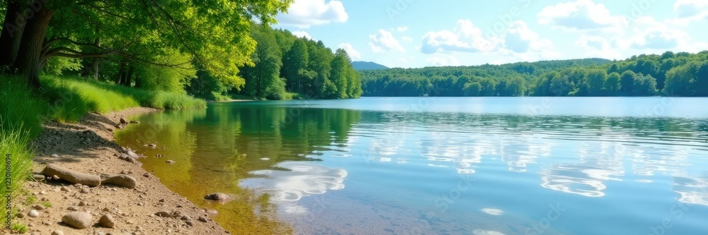 Serene summer lake with gentle lapping of water against the shore, natural, quiet, stillness Serene summer lake with gentle lapping of water against the shore, natural, quiet, stillness