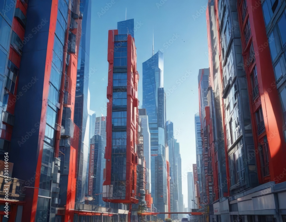 Obraz premium Modern abstract cityscape during the day with blue and red buildings against a clear blue sky, metropolitan, modern cityscape, architecture, skyscrapers, daytime city