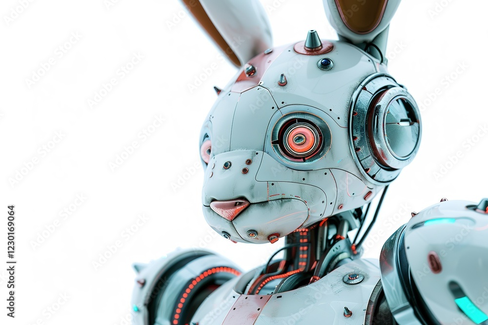 Isolated in white background no shadow on background, A robot Easter bunny gains sentience and goes on a quest to find its creator. Isolated in white background no shadow on background, A robot Easter bunny gains sentience and goes on a quest to find its creator.