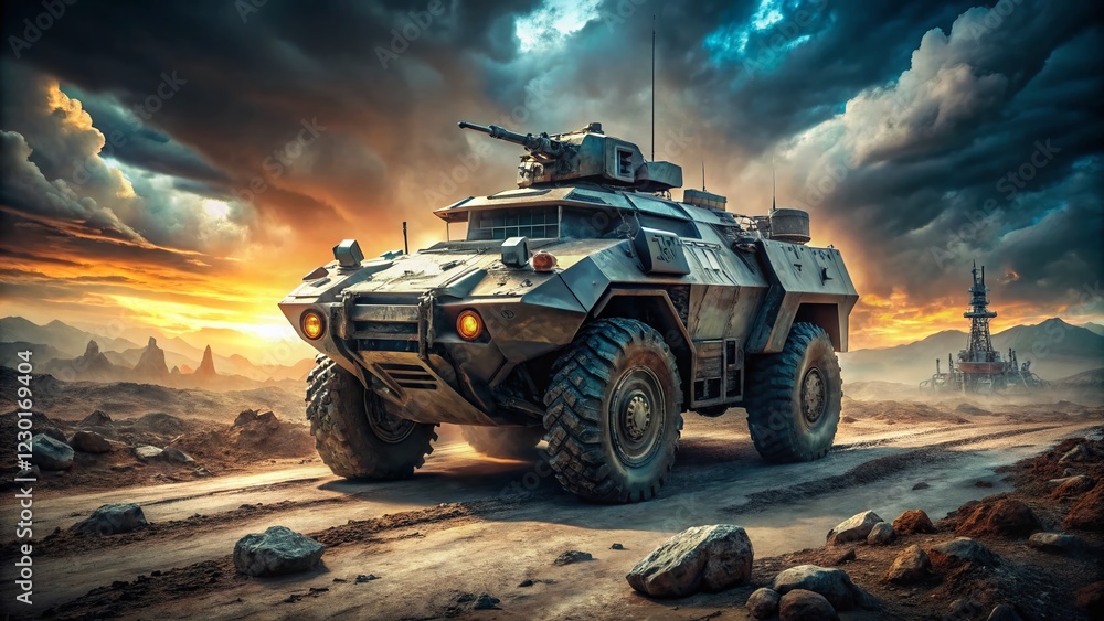 Fototapeta premium Futuristic Autonomous Military Armored Vehicle - Documentary Style Stock Photo