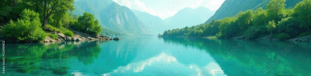 Fototapeta premium Soothing blue-green waters reflect a tranquil landscape, peaceful, blue green