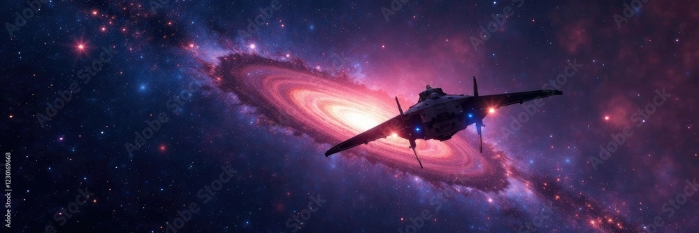 Naklejka premium Spacecraft exploring vast galaxy scene with starlight, stars,