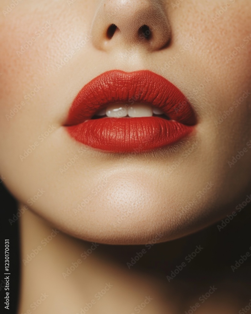Fototapeta premium Vivid Noir Lip Aesthetics Intense Red Lips Close-Up with Grainy Texture - Dramatic Makeup Content for Luxury Beauty Campaigns and Editorial