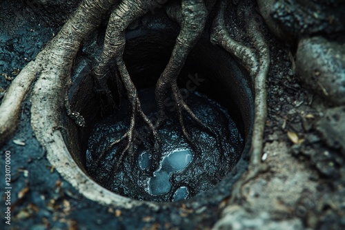 A detailed view of tree roots infiltrating and damaging an underground pipe photo