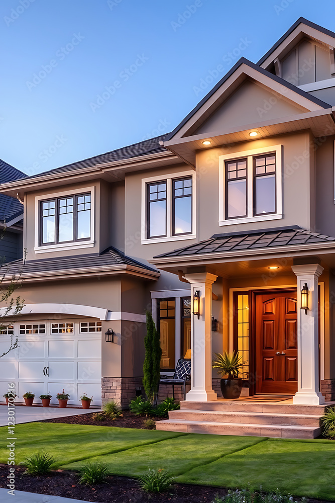 Luxury Home Exterior at Dusk: Modern Architecture, Landscaping, and Design Luxury Home Exterior at Dusk: Modern Architecture, Landscaping, and Design
