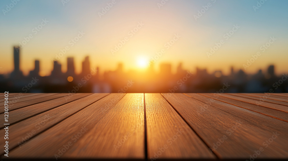 Sunlit cityscape view with empty wooden deck foreground, ideal for tourism and urban exploration concepts. Sunlit cityscape view with empty wooden deck foreground, ideal for tourism and urban exploration concepts.