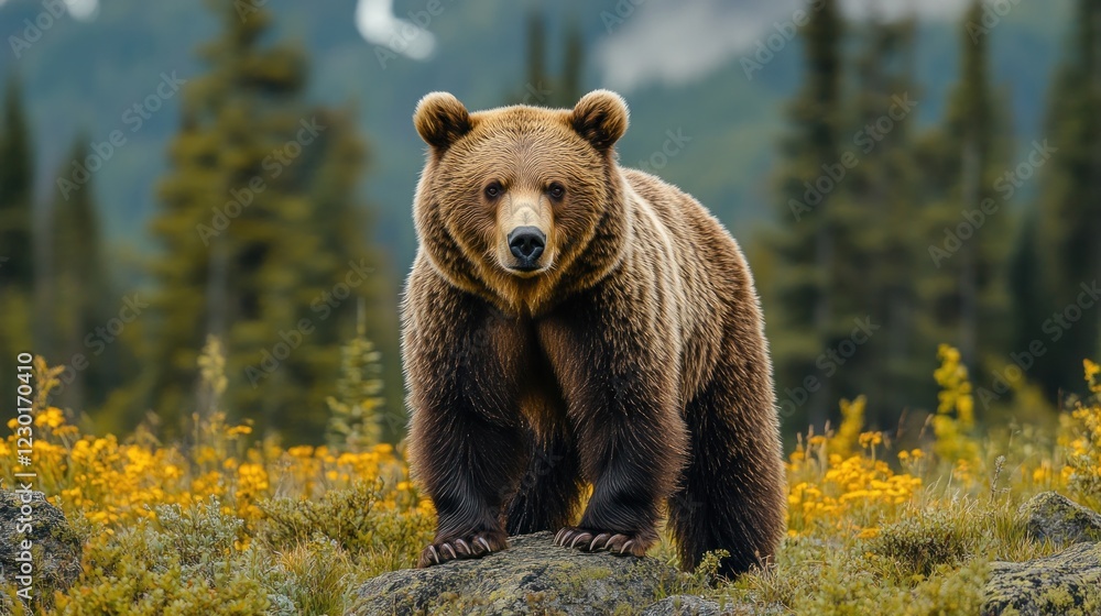 Fototapeta premium A majestic brown bear stands on a rock in a meadow with yellow flowers and a forest background