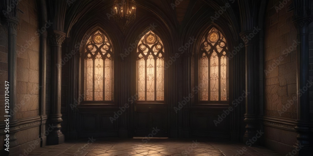 Obraz premium richly detailed gothic entranceway with stained glass windows and soft luminescent glow, richly, gothic