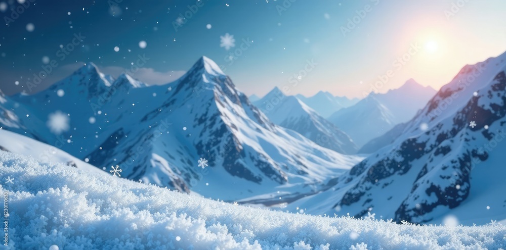 Sparkling snowflakes falling on a snowy mountain landscape, snowflake, falling Sparkling snowflakes falling on a snowy mountain landscape, snowflake, falling