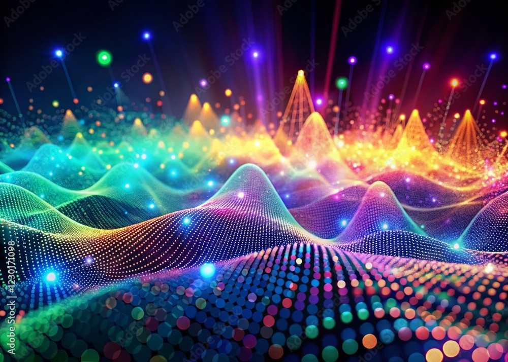 Fototapeta premium Futuristic Data Visualization Landscape: Abstract Sound Waves & Dots Background