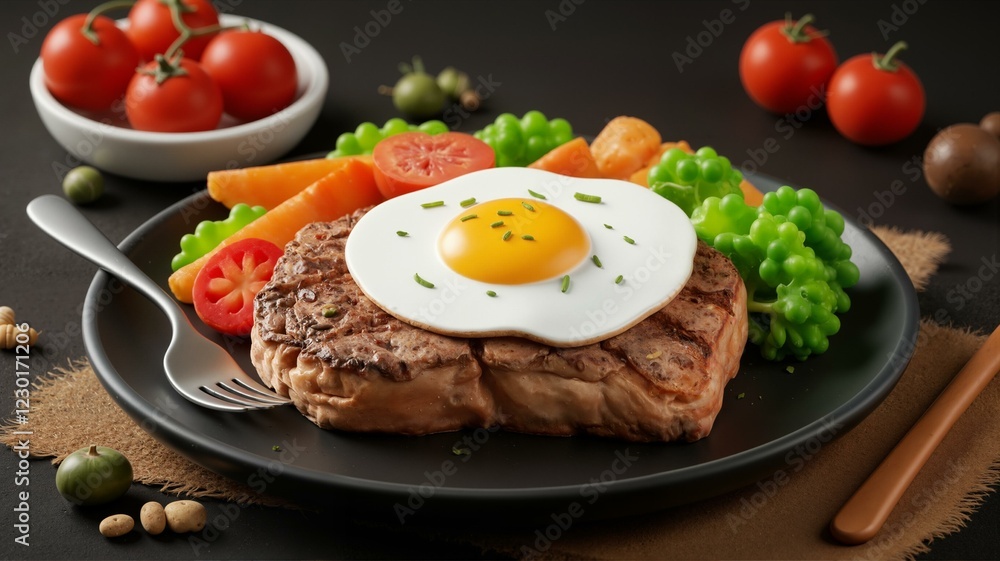 A meal with meat and eggs is on display. A meal with meat and eggs is on display.