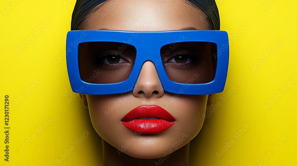 Bold Blue Shades: A striking close-up portrait of a woman wearing oversized, bold blue sunglasses against a vibrant yellow background. Her red lipstick adds a pop of color. Bold Blue Shades: A striking close-up portrait of a woman wearing oversized, bold blue sunglasses against a vibrant yellow background. Her red lipstick adds a pop of color.