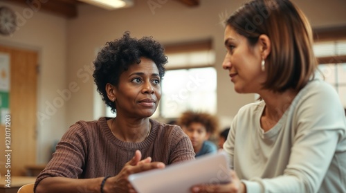 Parent with questions discussing with teacher in classroom environment