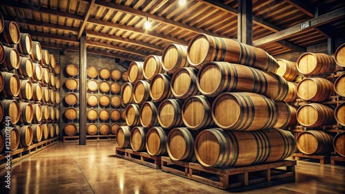 Old wine barrel stacked on top of a newer one in a wine warehouse, wine making, barrels, old new photo