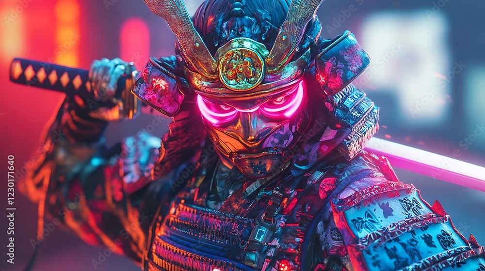 Samurai warrior holds sword in city, neon lights background Samurai warrior holds sword in city, neon lights background