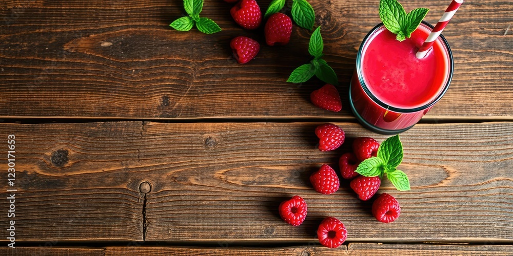 Rustic wooden table with fresh raspberry smoothie, earthy tones, wooden table, mint leaves Rustic wooden table with fresh raspberry smoothie, earthy tones, wooden table, mint leaves