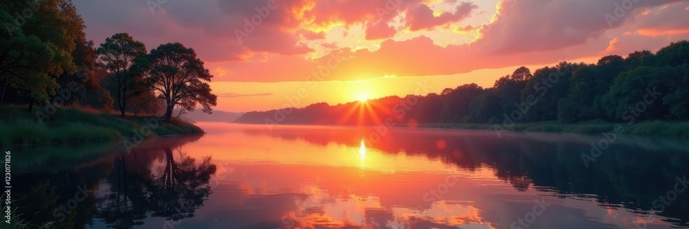 Sunset river landscape with trees reflected on calm water, serene, nature, sky Sunset river landscape with trees reflected on calm water, serene, nature, sky