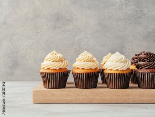 Rustic Cupcake Display Assorted Homemade Chocolate and Frosted Delights on Wood - Modern Bakery Branding and -Worthy Confection Presentation photo