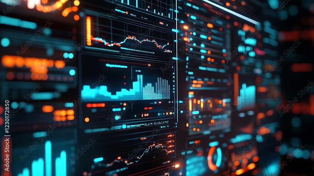 Screen with data charts for finance analysis use Screen with data charts for finance analysis use