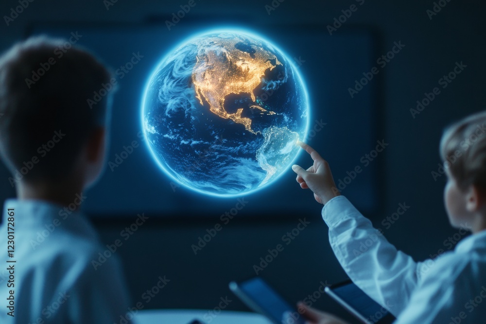 Futuristic STEM Classroom Interactive Holographic Globe and LED Illumination - Teen Tech Learning with Tablets for Educational Innovation and Data Analysis Futuristic STEM Classroom Interactive Holographic Globe and LED Illumination - Teen Tech Learning with Tablets for Educational Innovation and Data Analysis
