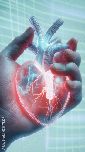 Futuristic hand cradling a digital heart a symbol of innovation in medicine and technology, showcasing biomechanics and human connection to health photo