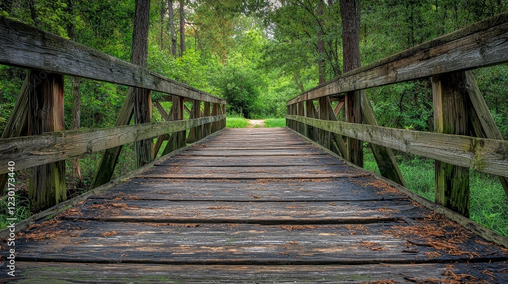 Rustic Wooden Bridge Leading into a Lush Green Forest Rustic Wooden Bridge Leading into a Lush Green Forest